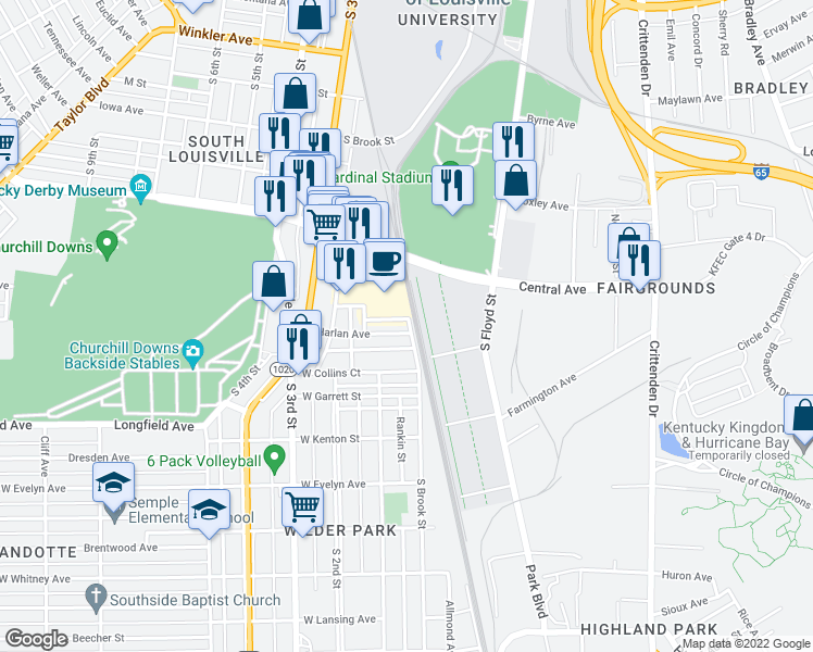 map of restaurants, bars, coffee shops, grocery stores, and more near 103 Harlan Avenue in Louisville