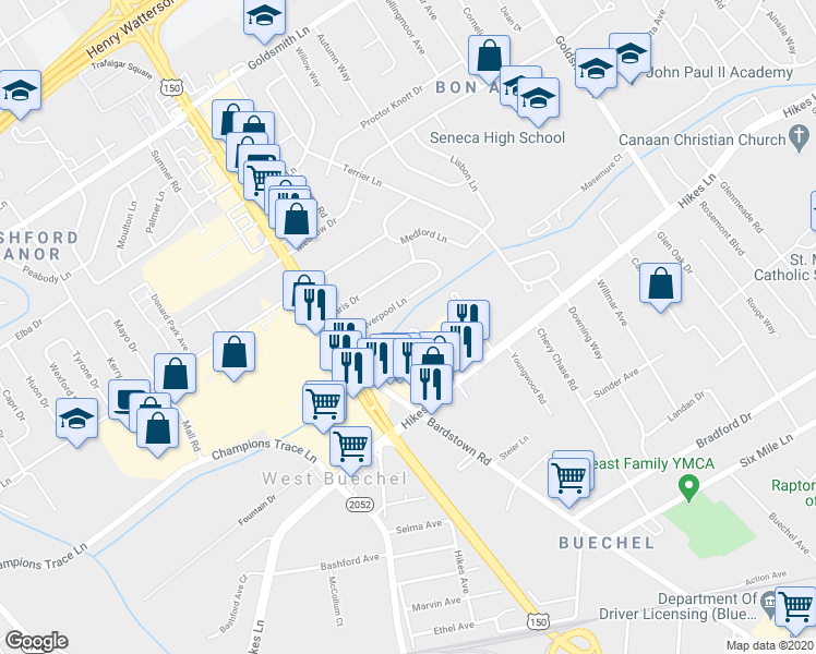 map of restaurants, bars, coffee shops, grocery stores, and more near 2232 Liverpool Lane in Louisville