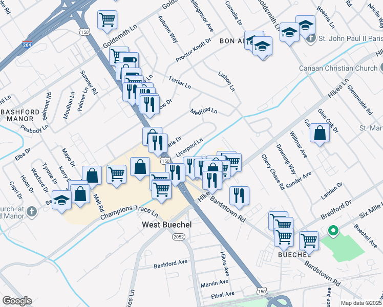 map of restaurants, bars, coffee shops, grocery stores, and more near 2232 Liverpool Lane in Louisville