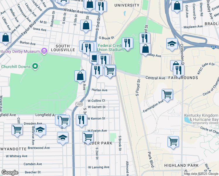 map of restaurants, bars, coffee shops, grocery stores, and more near 115 Harlan Avenue in Louisville