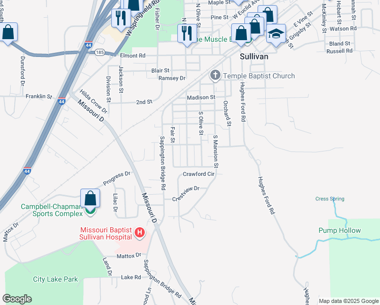 map of restaurants, bars, coffee shops, grocery stores, and more near 408 South Park Street in Sullivan