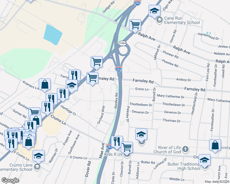 map of restaurants, bars, coffee shops, grocery stores, and more near 4107 Riedley Court in Louisville