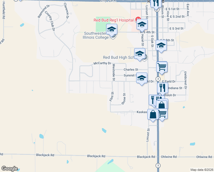 map of restaurants, bars, coffee shops, grocery stores, and more near 1014 Carter Street in Red Bud