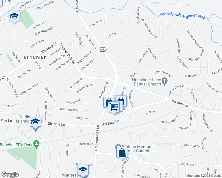 map of restaurants, bars, coffee shops, grocery stores, and more near 3330 Breckenridge Lane in Louisville