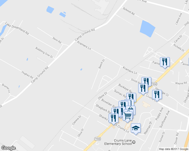 map of restaurants, bars, coffee shops, grocery stores, and more near 4804 Beech Drive in Louisville