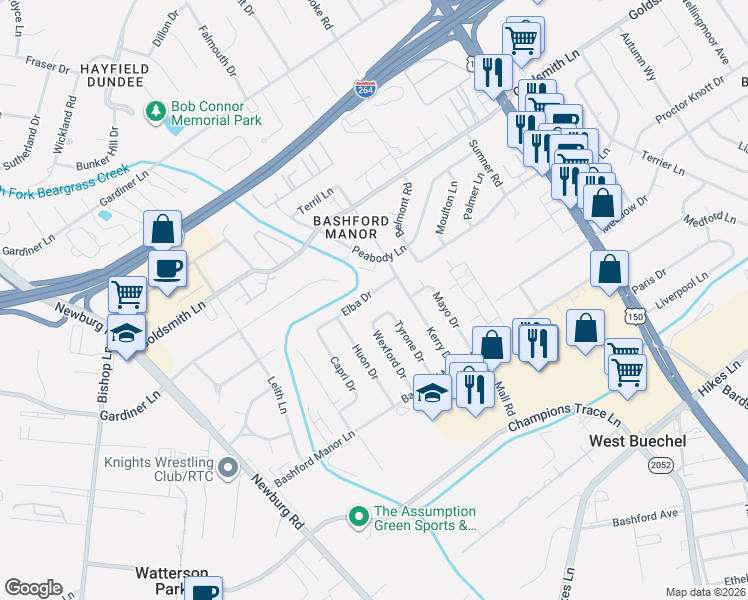 map of restaurants, bars, coffee shops, grocery stores, and more near 1928 Elba Drive in Louisville