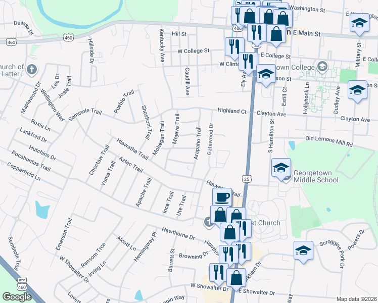 map of restaurants, bars, coffee shops, grocery stores, and more near 202 Cherokee Trail in Georgetown