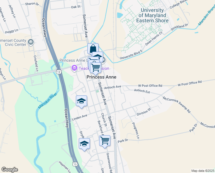 map of restaurants, bars, coffee shops, grocery stores, and more near 11681 Beechwood Street in Princess Anne