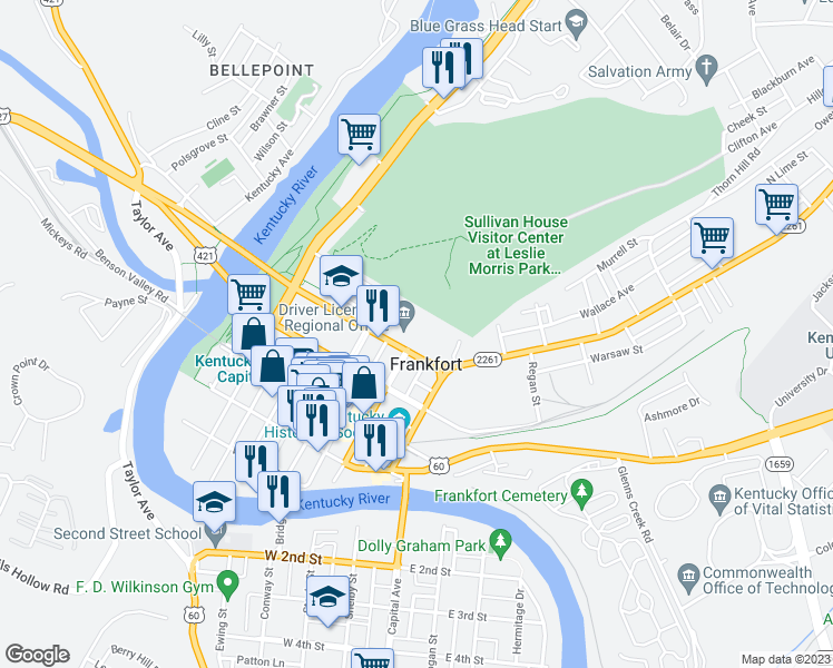 map of restaurants, bars, coffee shops, grocery stores, and more near 200 Mero Street in Frankfort
