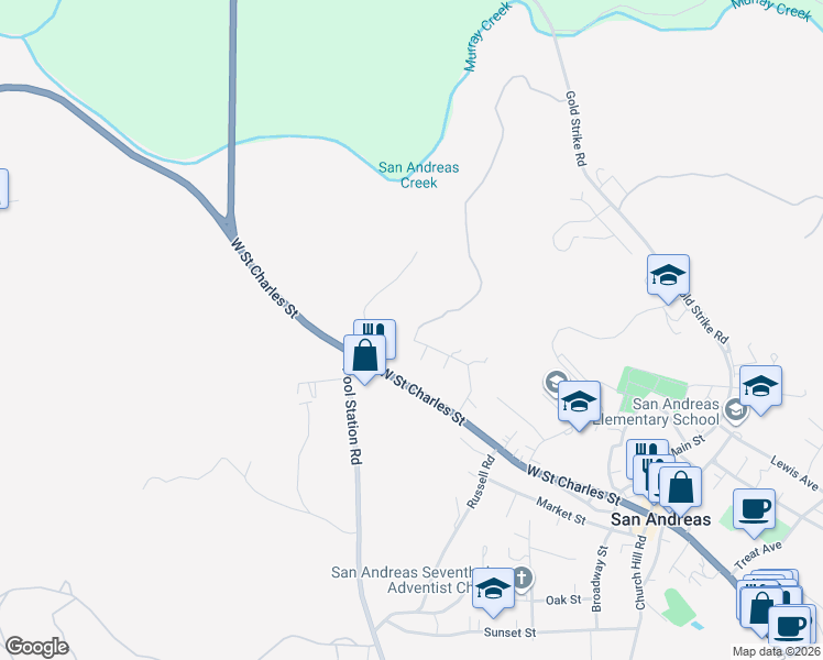 map of restaurants, bars, coffee shops, grocery stores, and more near 657 Gold Oak Road in San Andreas