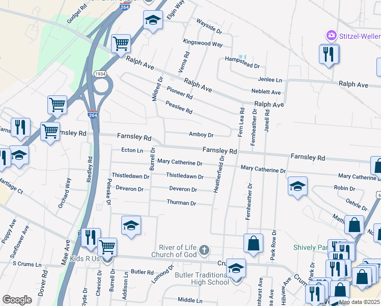 map of restaurants, bars, coffee shops, grocery stores, and more near 2222 Farnsley Road in Louisville
