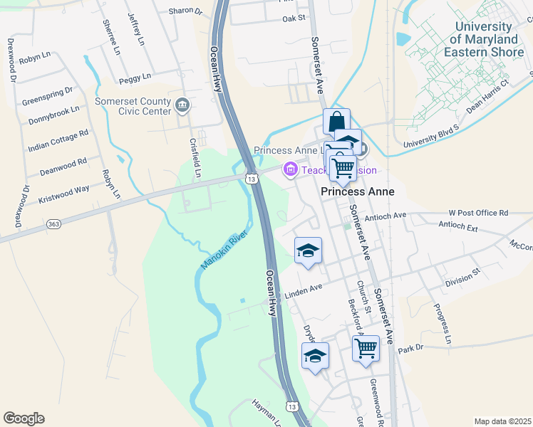 map of restaurants, bars, coffee shops, grocery stores, and more near U.S. 13 in Princess Anne