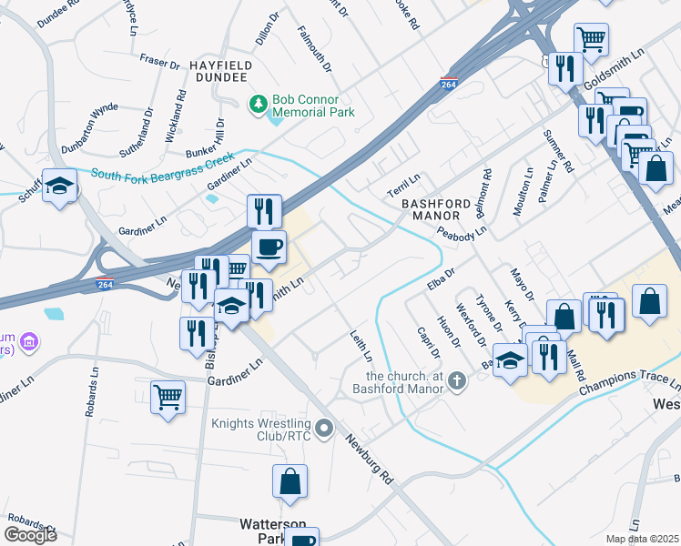 map of restaurants, bars, coffee shops, grocery stores, and more near 3306A Colonial Manor Circle in Louisville