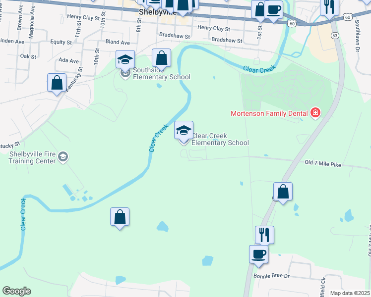 map of restaurants, bars, coffee shops, grocery stores, and more near 279 Chapel Hill Road in Shelbyville