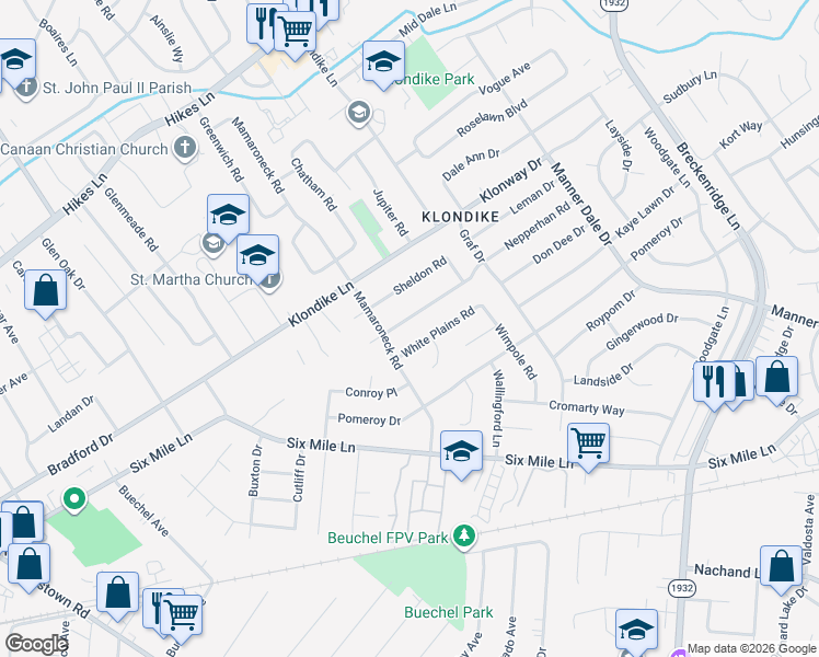 map of restaurants, bars, coffee shops, grocery stores, and more near 2906 Nepperhan Rd in Louisville
