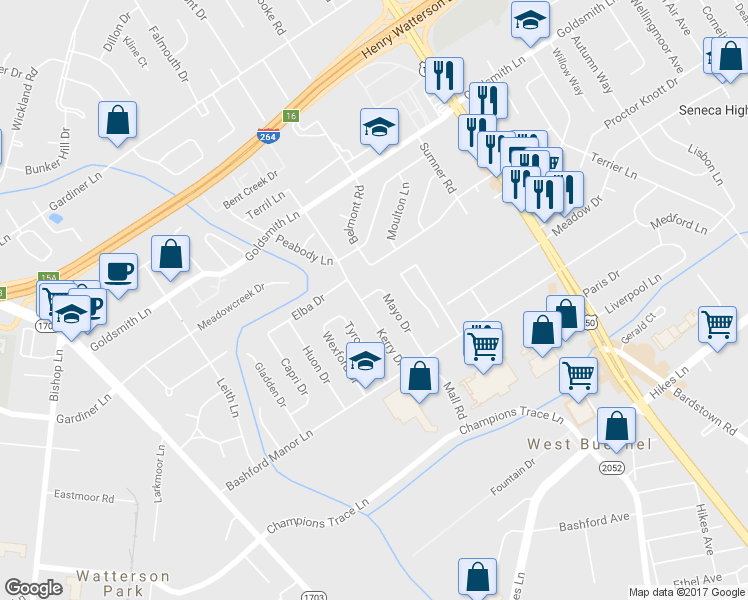 map of restaurants, bars, coffee shops, grocery stores, and more near 3502 Mayo Drive in Louisville