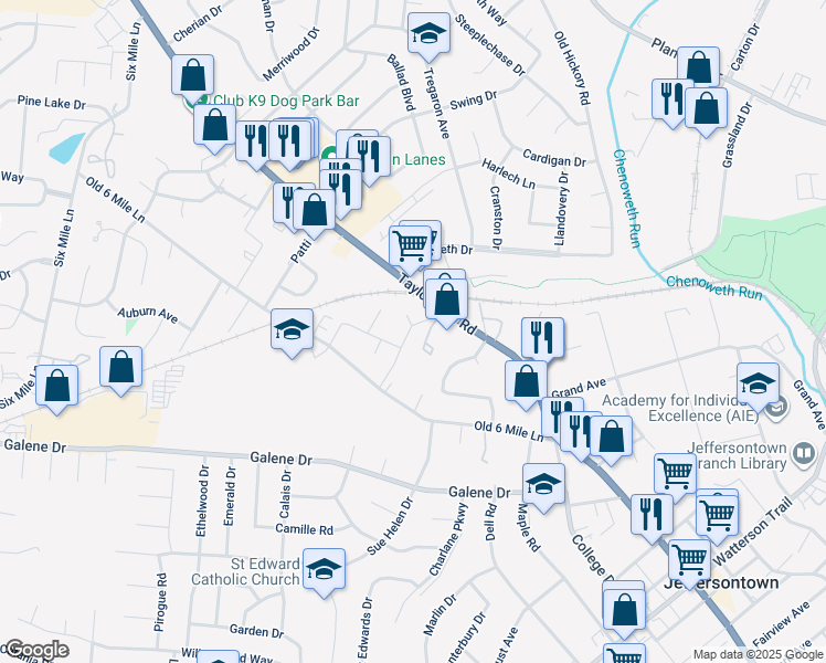 map of restaurants, bars, coffee shops, grocery stores, and more near 2905 Tree Lane in Jeffersontown