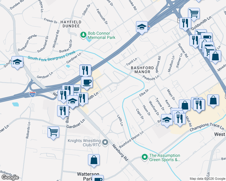 map of restaurants, bars, coffee shops, grocery stores, and more near 3303 Colonial Manor Circle in Louisville
