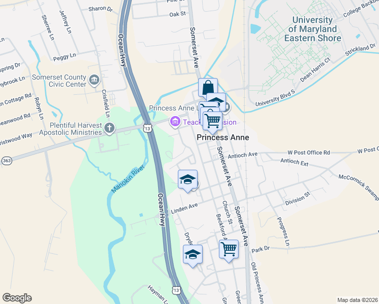 map of restaurants, bars, coffee shops, grocery stores, and more near 11679 Beckford Avenue in Princess Anne