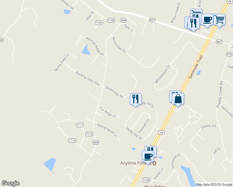 map of restaurants, bars, coffee shops, grocery stores, and more near Southridge Road in Ruckersville