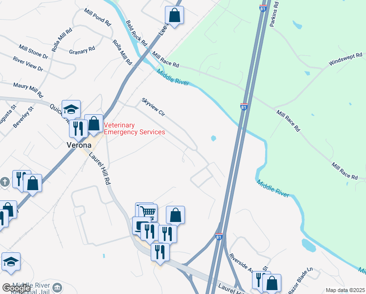 map of restaurants, bars, coffee shops, grocery stores, and more near 163 Skyview Circle in Verona