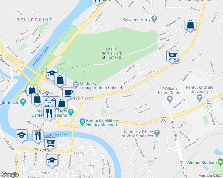 map of restaurants, bars, coffee shops, grocery stores, and more near 607 Hoge Avenue in Frankfort
