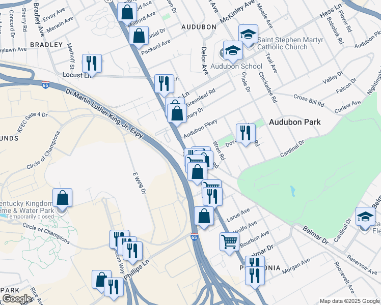 map of restaurants, bars, coffee shops, grocery stores, and more near 3207 Preston Highway in Louisville