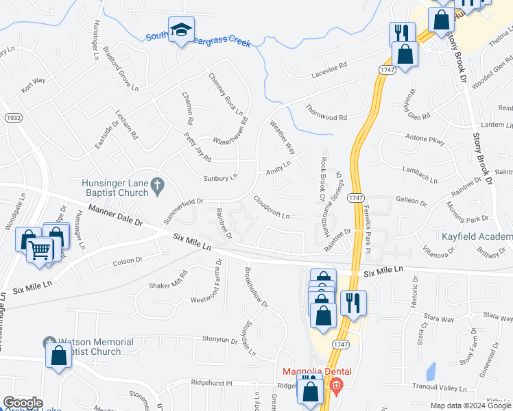 map of restaurants, bars, coffee shops, grocery stores, and more near 8004 Cloudcroft Lane in Louisville