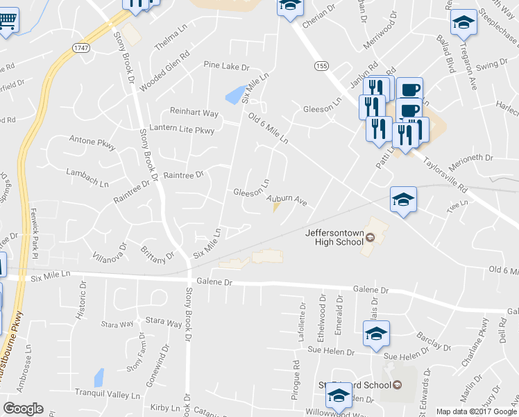 map of restaurants, bars, coffee shops, grocery stores, and more near 3013 Melrose Drive in Jeffersontown
