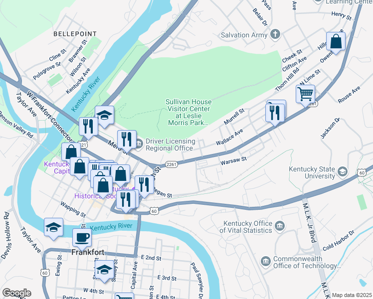 map of restaurants, bars, coffee shops, grocery stores, and more near 136 Wallace Avenue in Frankfort
