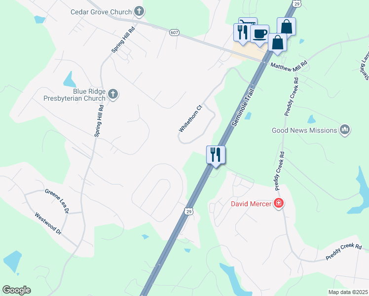 map of restaurants, bars, coffee shops, grocery stores, and more near 289 Whitethorn Ct in Ruckersville