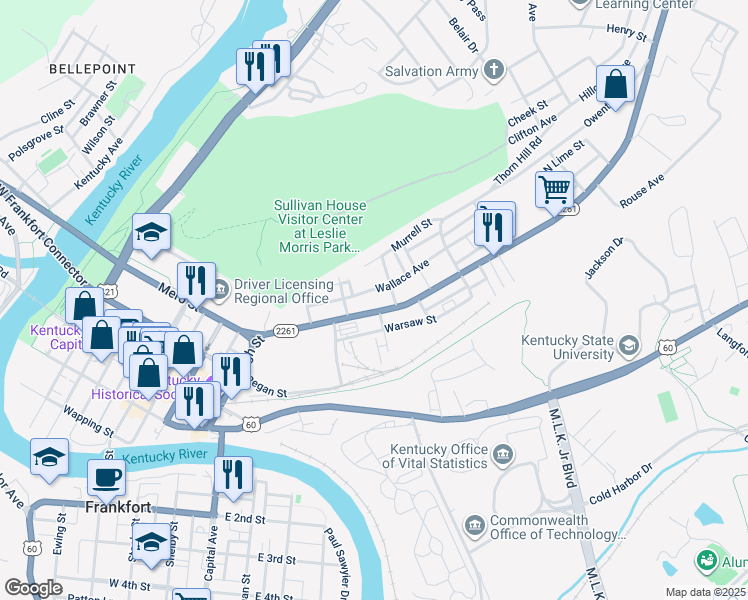 map of restaurants, bars, coffee shops, grocery stores, and more near 230 Wright Street in Frankfort