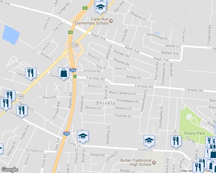map of restaurants, bars, coffee shops, grocery stores, and more near 3401 Burrell Drive in Louisville