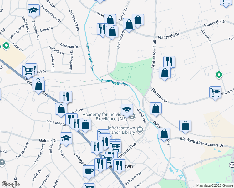 map of restaurants, bars, coffee shops, grocery stores, and more near 2911 Hewitt Place Court in Louisville