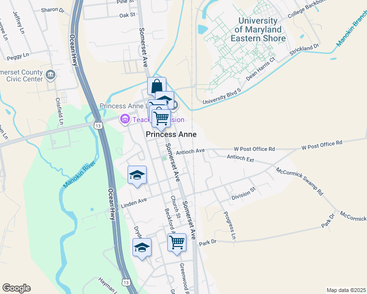 map of restaurants, bars, coffee shops, grocery stores, and more near 11681 Beechwood Street in Princess Anne