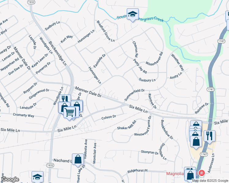 map of restaurants, bars, coffee shops, grocery stores, and more near 7902 Manner Pointe Drive in Louisville