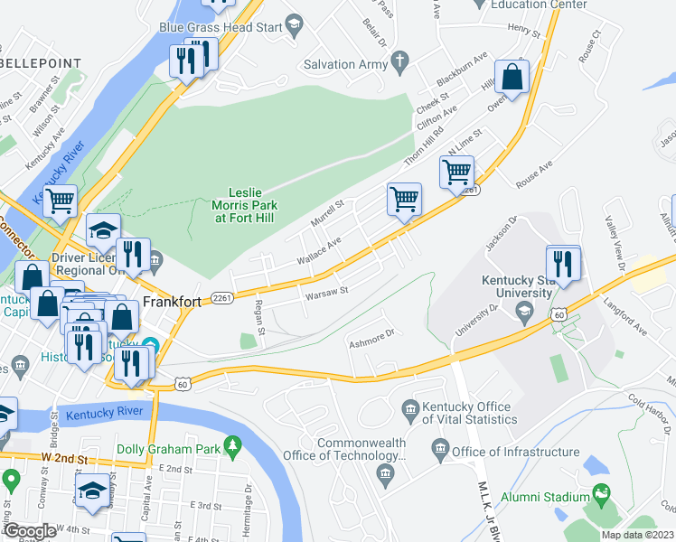 map of restaurants, bars, coffee shops, grocery stores, and more near 315 Holmes Street in Frankfort