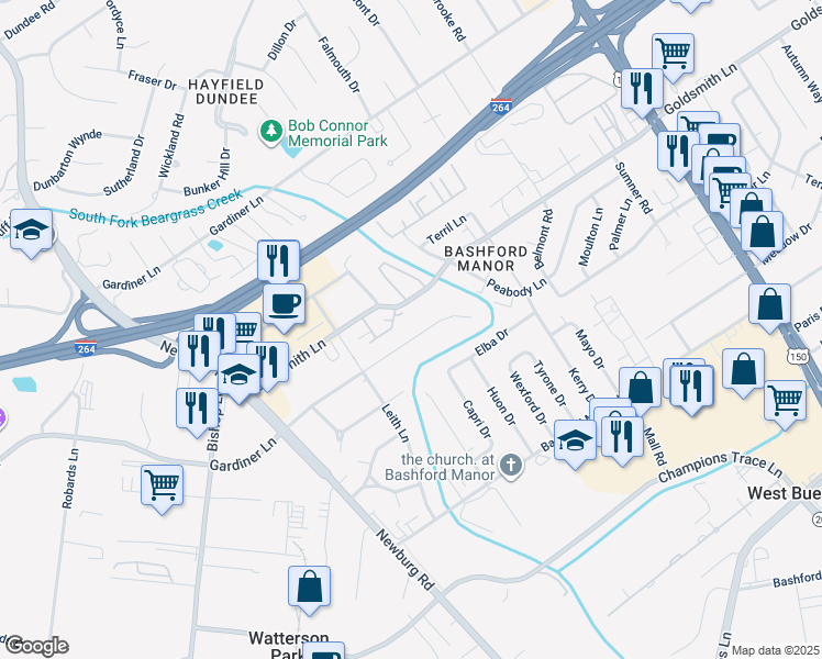 map of restaurants, bars, coffee shops, grocery stores, and more near 1953 Meadowcreek Drive in Louisville