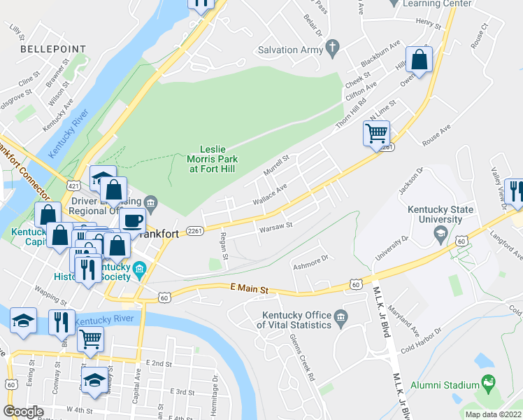map of restaurants, bars, coffee shops, grocery stores, and more near 230 Wright Street in Frankfort