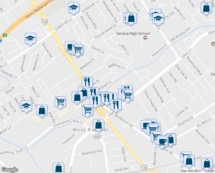 map of restaurants, bars, coffee shops, grocery stores, and more near 2230 Liverpool Lane in Louisville