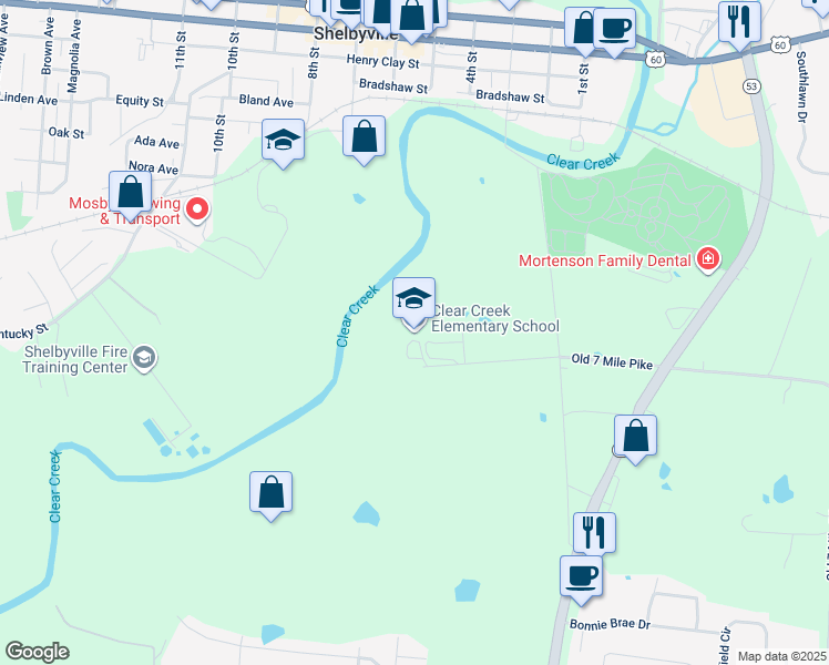 map of restaurants, bars, coffee shops, grocery stores, and more near 279 Chapel Hill Road in Shelbyville