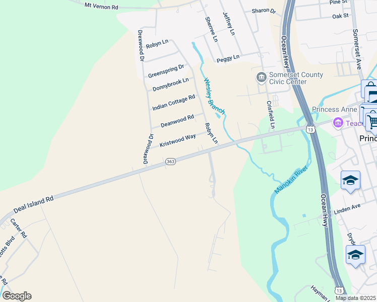 map of restaurants, bars, coffee shops, grocery stores, and more near 30070 Deal Island Road in Princess Anne