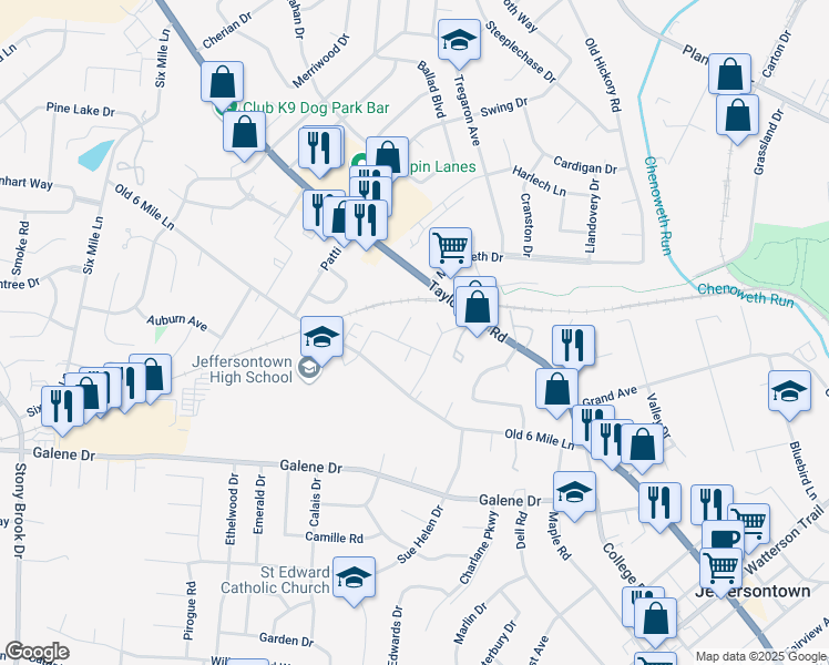 map of restaurants, bars, coffee shops, grocery stores, and more near 9601 Balsam Way in Jeffersontown