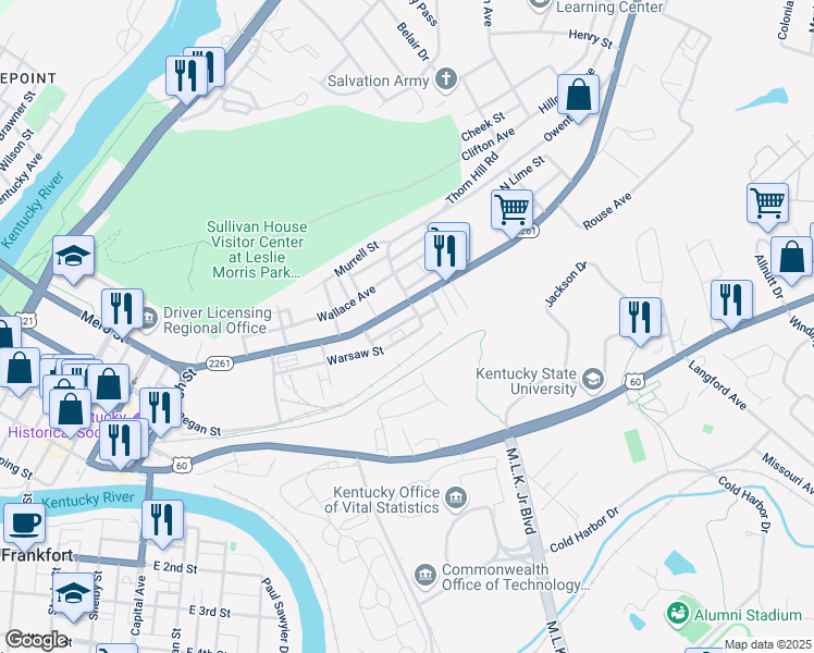 map of restaurants, bars, coffee shops, grocery stores, and more near 368 Warsaw Street in Frankfort