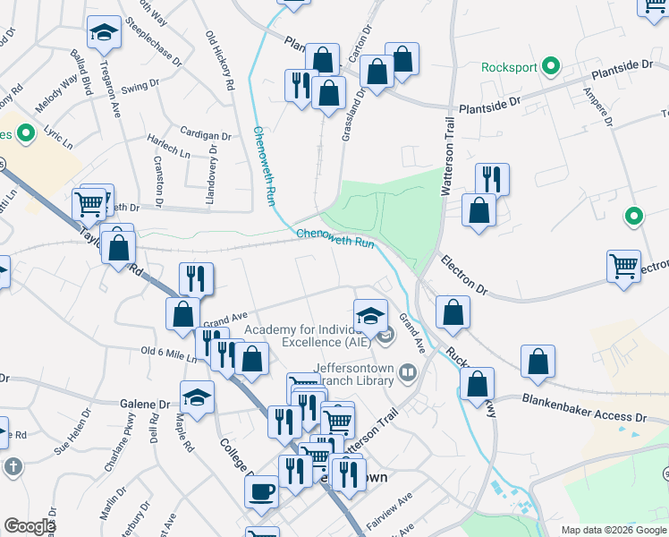 map of restaurants, bars, coffee shops, grocery stores, and more near 2911 Hewitt Place Court in Louisville