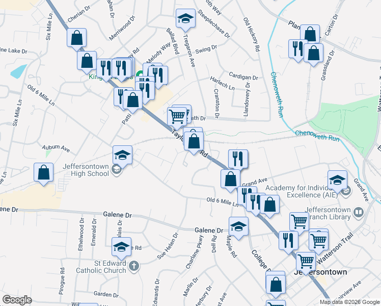 map of restaurants, bars, coffee shops, grocery stores, and more near 9806 Taylorsville Road in Louisville