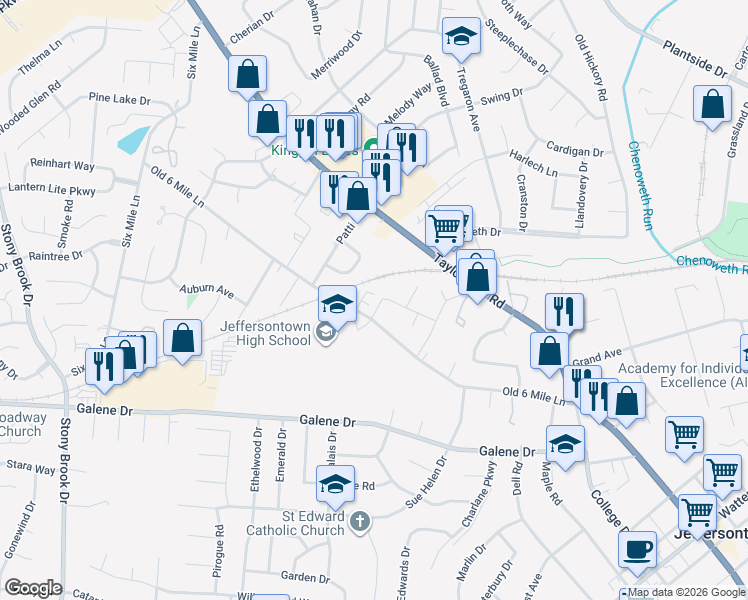 map of restaurants, bars, coffee shops, grocery stores, and more near 3305 Silverthorn Lane in Jeffersontown
