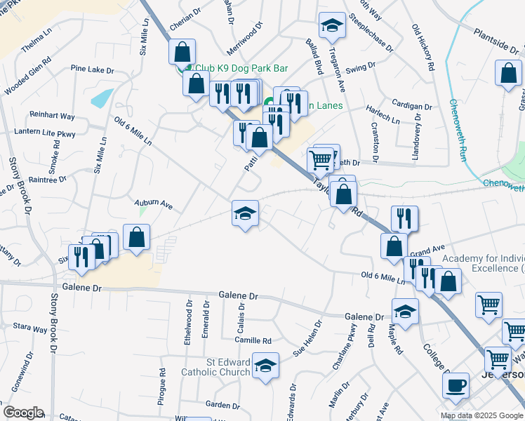 map of restaurants, bars, coffee shops, grocery stores, and more near 3305 Silverthorn Lane in Jeffersontown