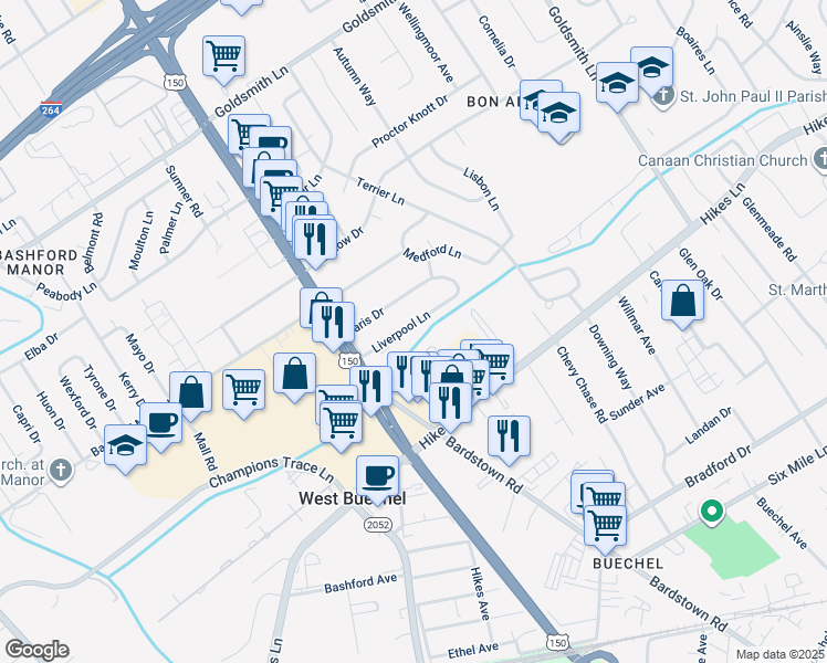 map of restaurants, bars, coffee shops, grocery stores, and more near 2232 Liverpool Lane in Louisville