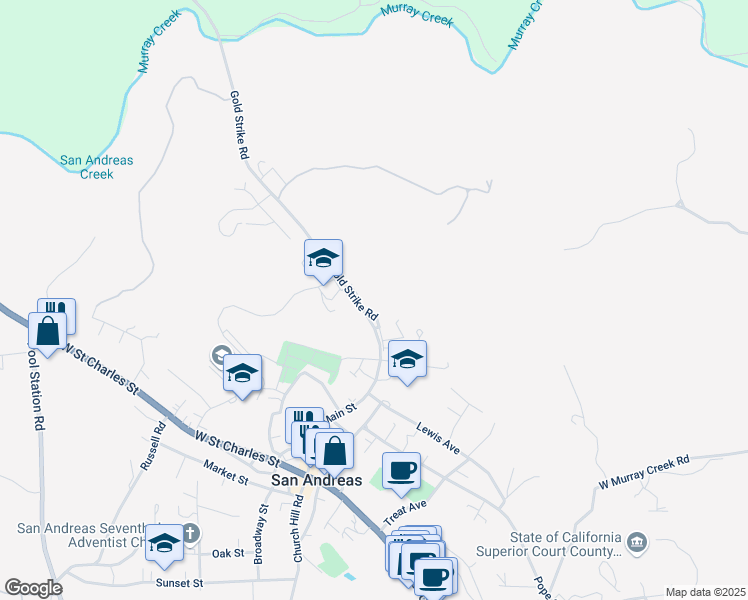 map of restaurants, bars, coffee shops, grocery stores, and more near 400 Gold Strike Road in San Andreas